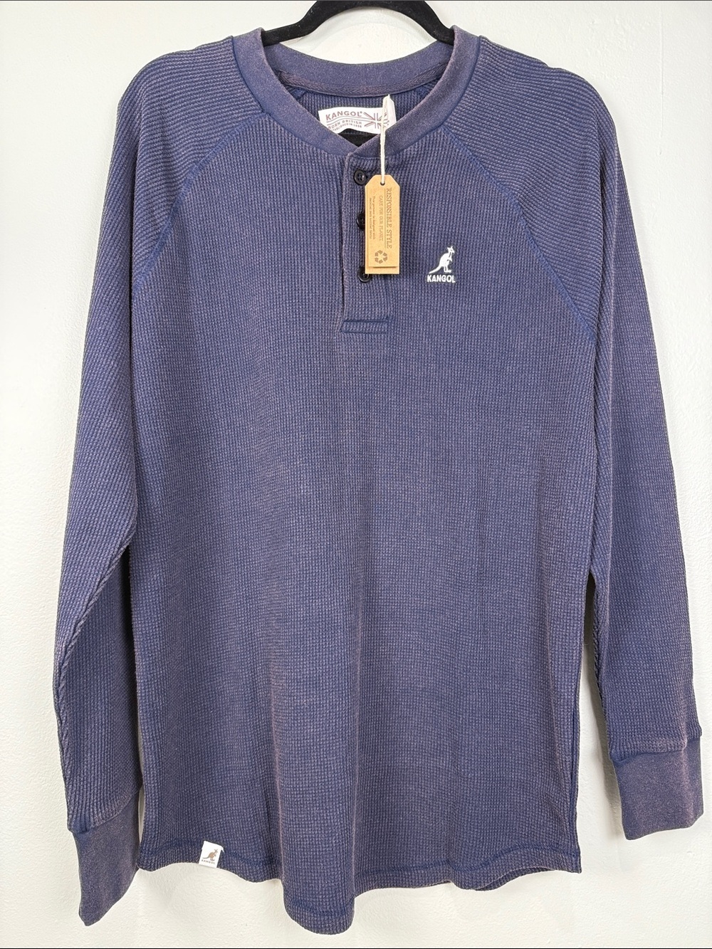 NWT Kangol Men's Waffle Knit Henley Shirt Blue Size Small